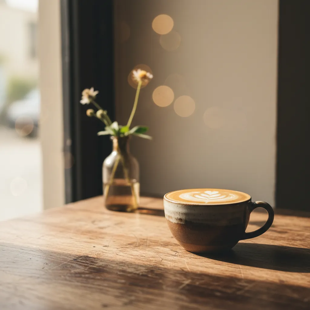 Flat white in handgemaakt keramisch kopje op houten tafel