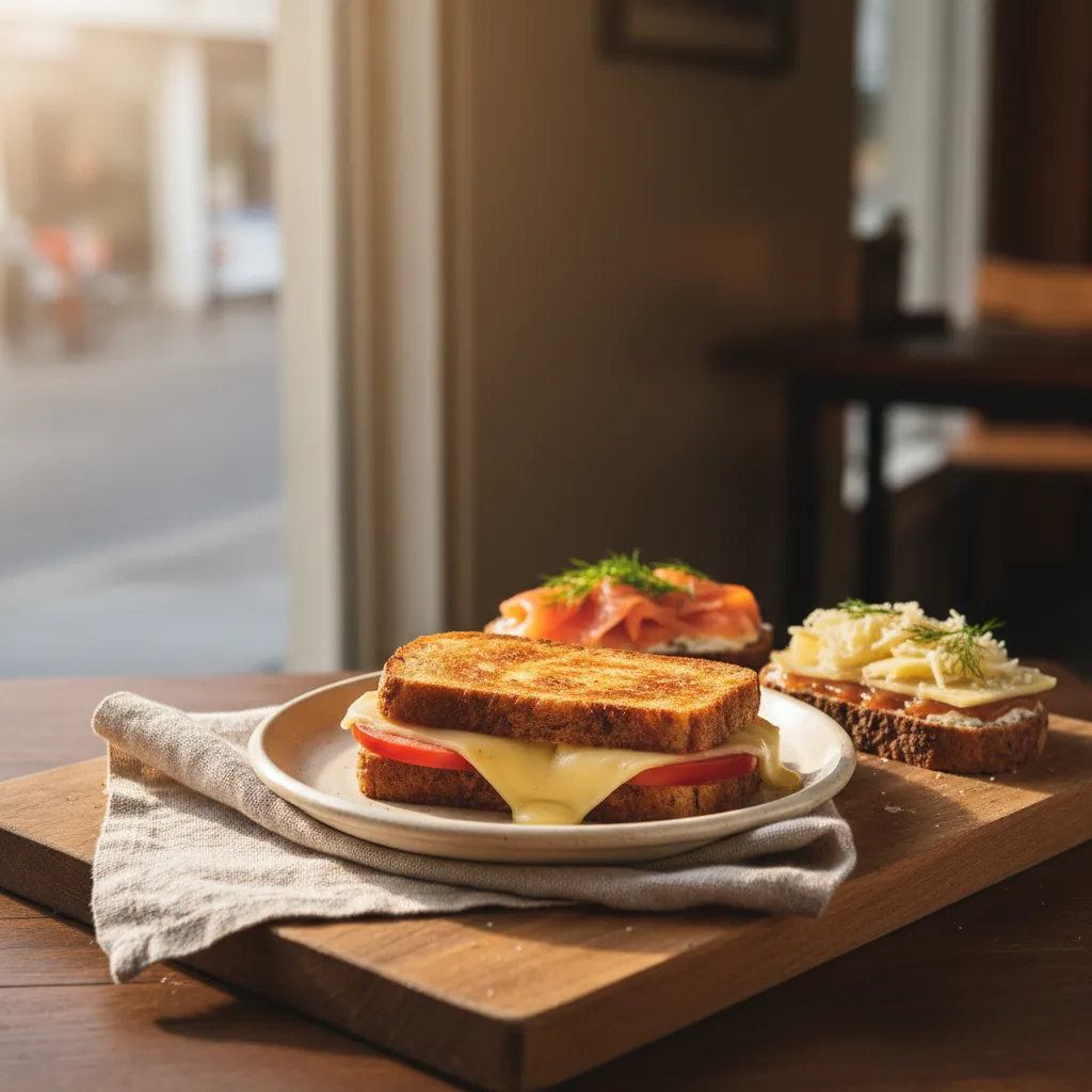 Verse broodjes en tosti op een houten serveerplank