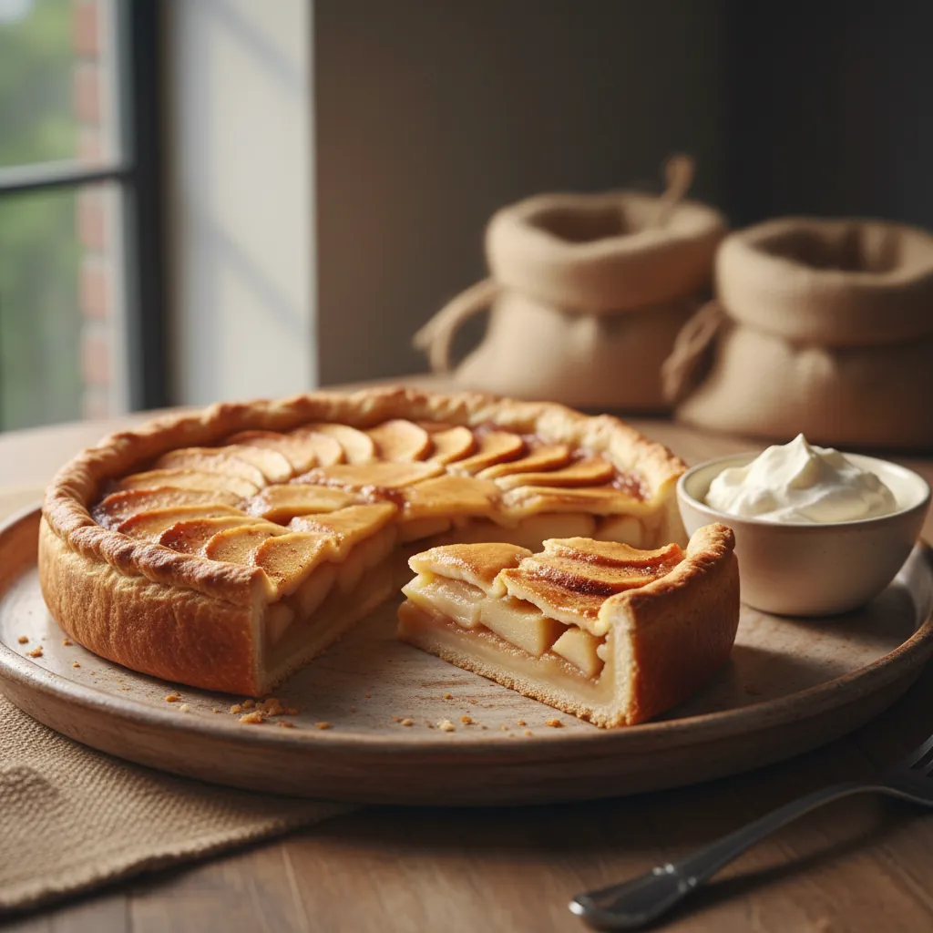 Huisgemaakte appeltaart met slagroom op keramisch bord