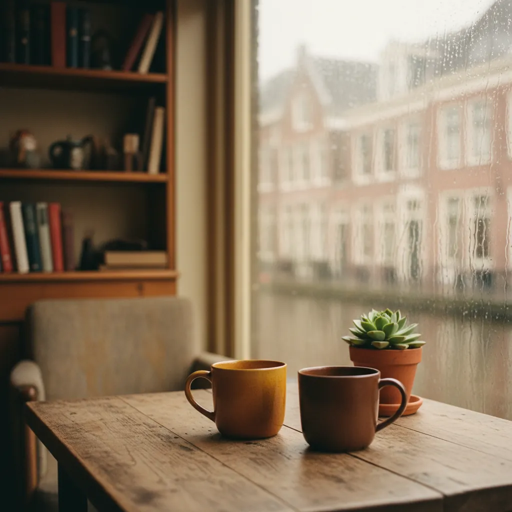 Twee keramische koffiekoppen op een houten tafel bij het raam