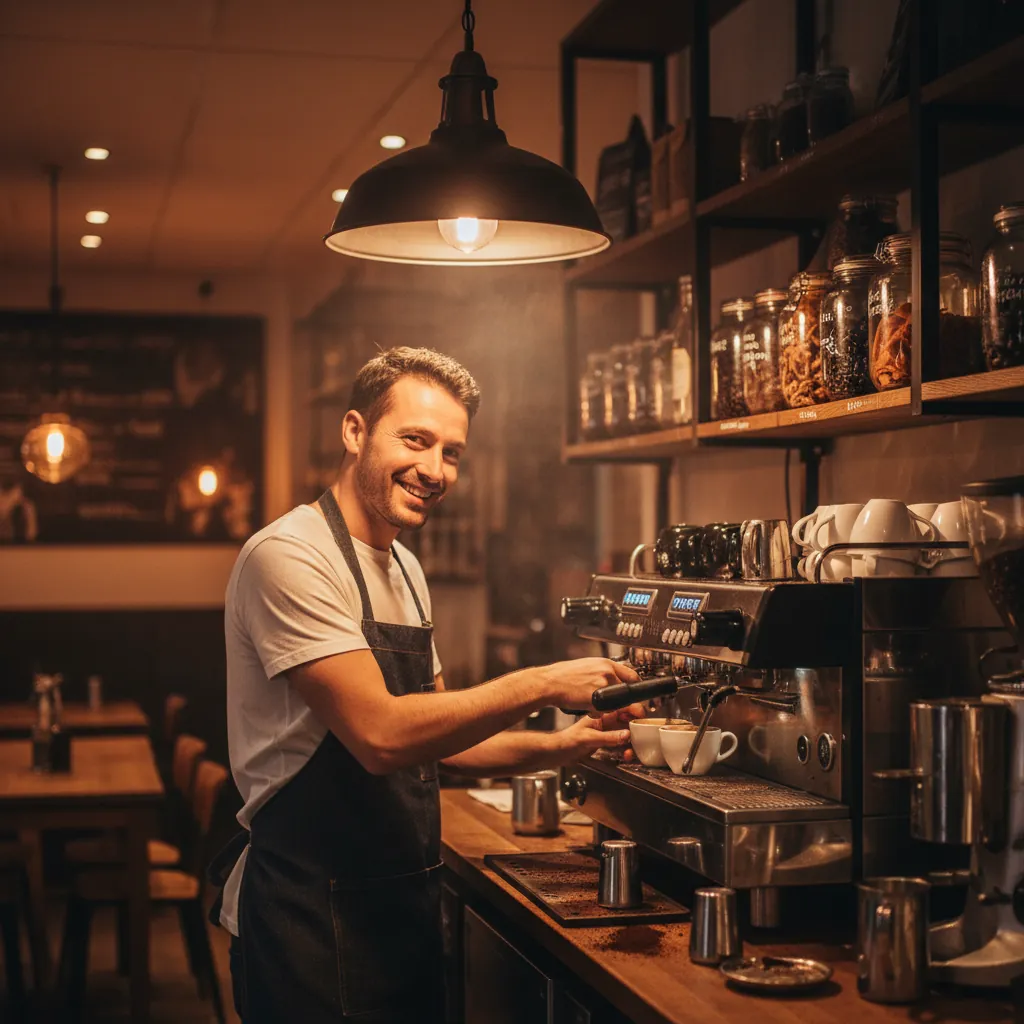 Barista achter de toonbank bij de espressomachine